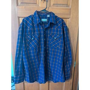 Vtg Open Trails Mens XL Plaid Western Pearl Snap Long‎ Sleeve Shirt Blue Red